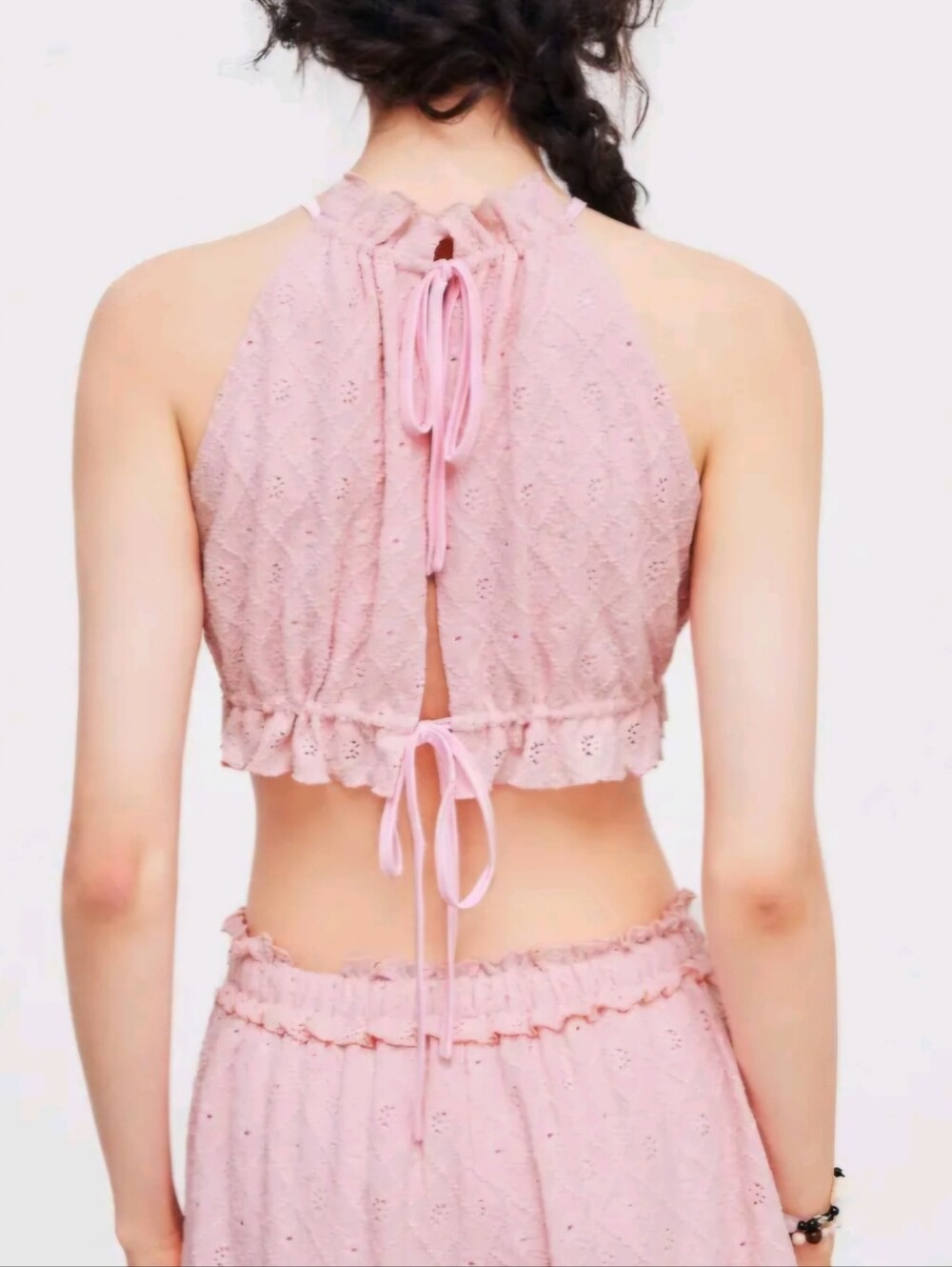 Cider Halter Solid Knotted Crop Top & Low Rise Lettuce Trim Solid Short Set - Picture 5 of 9
